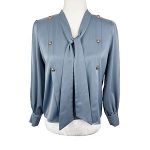 LD Star Quality Blue Blouse | Women’s Medium Puff Sleeve Tie Neck Career Casual